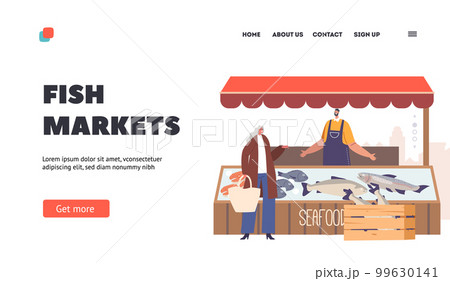 People Shopping at Fish Market Landing Page Template. Characters Buying Fresh Seafood. Shoppers Purchase Farm Products 99630141
