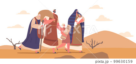Group Of Adult And Kid Israelite Characters With Belongings Walking Through Desert With Mountainous Terrain 99630159