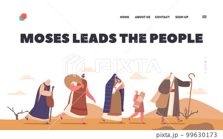 Moses Leads the People Landing Page Template. Biblical Prophet Guides Israelites Through Desert Vector Illustration 99630173