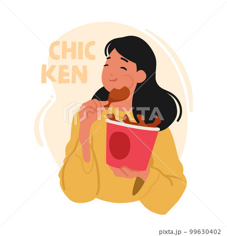 Woman Indulging In Chicken Nuggets, Female Character With Carton Bucket Full Of Fastfood Snack Displaying Enjoyment 99630402