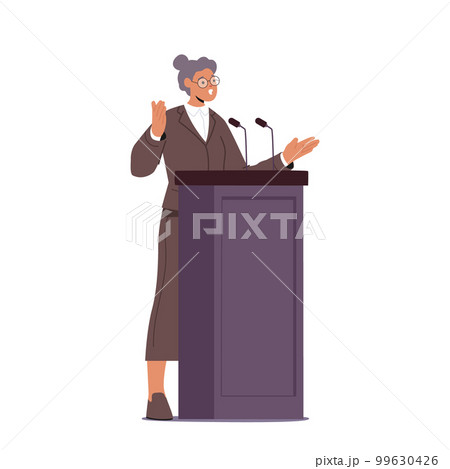 Female Character Giving Speech On Tribune Addressing A Large Audience With Passion And Conviction. Concept Female Character Giving Speech On Tribune Addressing A Large Audience With Passion And Conviction. Concept 99630426