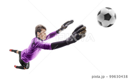 Goalkeeper in action. Goalkeeper catching ball in jump. The concept of sport. Silhouette of sportsmen with ball isolated on white background 99630438