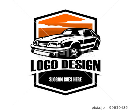 vintage 1990s mustang logo seen from side. amazing sunset view design. vector illustration available in eps 10. vintage 1990s mustang logo seen from side. amazing sunset view design. vector illustration available in eps 10. 99630486