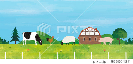 牛と豚と羊と鶏のいる観光牧場水彩画横からの図 99630487