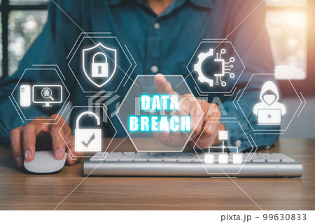 Cyber security data protection business technology privacy concep, Person using computer and hand touching data breach icon on virtual screen. 99630833