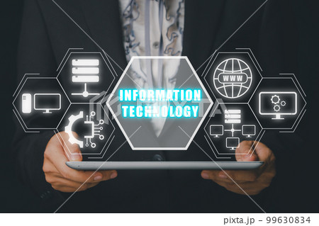 Information technology concept, Business woman usin digital tablet with information technology icon on virtual screen. Information technology concept, Business woman usin digital tablet with information technology icon on virtual screen. 99630834