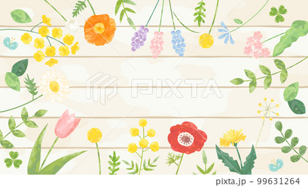 菜の花やチューリップなどの春の花と木のボードを組み合わせたイラスト　アスペクト比16：9バージョン 99631264