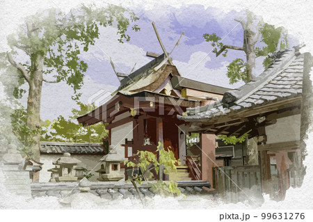 水彩画風　南都鏡神社　本殿　奈良県奈良市 99631276