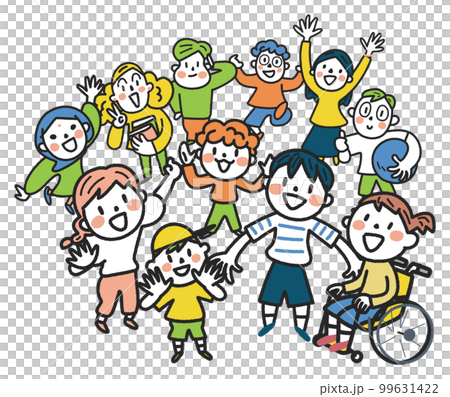面帶歡快微笑的多元化跨國兒童站在圓圈插圖素材中 99631422