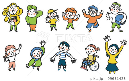 元気な笑顔の多様で多国籍の子どもたち セット イラスト素材 元気な笑顔の多様で多国籍の子どもたち セット イラスト素材 99631423