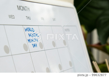 WORLD MENTAL HEALTH DAY on calendar to remind important event appointment Monthly PLANNER. Magnetic board with the days of the month. Place to enter important matters schedule. Concept for business WORLD MENTAL HEALTH DAY on calendar to remind important event appointment Monthly PLANNER. Magnetic board with the days of the month. Place to enter important matters schedule. Concept for business 99632877