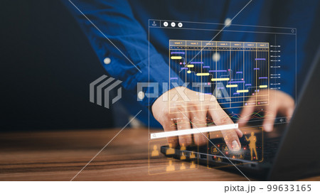 Man working with technology computer in Business Analytics and Data Management System to make report with KPI and metrics connected to database. Corporate strategy for operations, planing, marketing. Man working with technology computer in Business Analytics and Data Management System to make report with KPI and metrics connected to database. Corporate strategy for operations, planing, marketing. 99633165