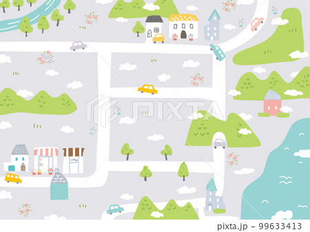 道が行き交うかわいらしい色合いの街並みイラスト 道が行き交うかわいらしい色合いの街並みイラスト 99633413
