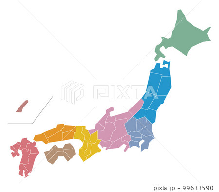 和風な色合いの日本地図。高品質 高精細 線画 白地図 日本列島 和風な色合いの日本地図。高品質 高精細 線画 白地図 日本列島 99633590