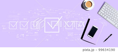 Checklist concept with computer keyboard and office items Checklist concept with computer keyboard and office items 99634190