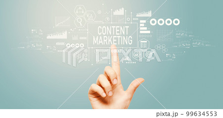 Content marketing theme with hand pressing a button 99634553