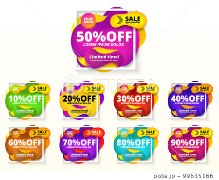 Sale banner set. Abstract modern bright graphic elements for mega sale. Discount up to 10 20 30 40 50 60 70 80 90 percent off. Banners badges template for super sale. Black friday. Vector illustration Sale banner set. Abstract modern bright graphic elements for mega sale. Discount up to 10 20 30 40 50 60 70 80 90 percent off. Banners badges template for super sale. Black friday. Vector illustration 99635166