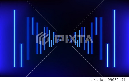 Podium, road, pedestal or platform with neon luminous rays on blue background. Stage with scenic lights. Abstract 3D neon background. Neon magic lights line. Motion shine blue. Vector illustration Podium, road, pedestal or platform with neon luminous rays on blue background. Stage with scenic lights. Abstract 3D neon background. Neon magic lights line. Motion shine blue. Vector illustration 99635191