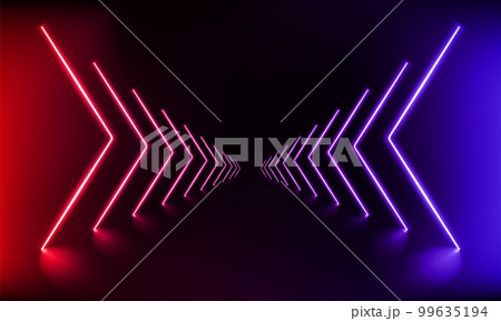 Podium, road, pedestal or platform with neon luminous rays on blue and pink background. Stage with scenic lights. Abstract neon backdrop. Neon magic lights arrow line. Motion shine.Vector illustration Podium, road, pedestal or platform with neon luminous rays on blue and pink background. Stage with scenic lights. Abstract neon backdrop. Neon magic lights arrow line. Motion shine.Vector illustration 99635194