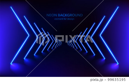 Podium, road, pedestal or platform with neon luminous rays on blue background. Neon magic lights arrow line. Stage with scenic lights. Abstract 3D neon background. Motion shine. Vector illustration Podium, road, pedestal or platform with neon luminous rays on blue background. Neon magic lights arrow line. Stage with scenic lights. Abstract 3D neon background. Motion shine. Vector illustration 99635195
