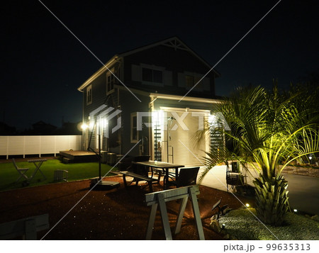 ヤシの木のあるアメリカンガレージハウス 夜景 ヤシの木のあるアメリカンガレージハウス 夜景 99635313