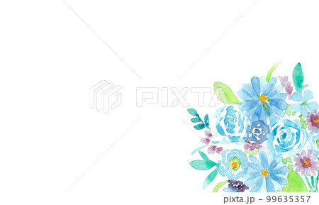 水彩画。水彩タッチの手描きの花束ベクターイラスト。春の花束挿絵。青い薔薇と葉っぱの花束。 99635357