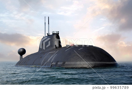 Naval submarine on open sea surface under cloudy sky Naval submarine on open sea surface under cloudy sky 99635789