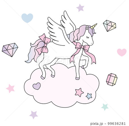 リボンをつけたかわいいユニコーンと宝石　ゆめかわ　イラスト素材 99636281