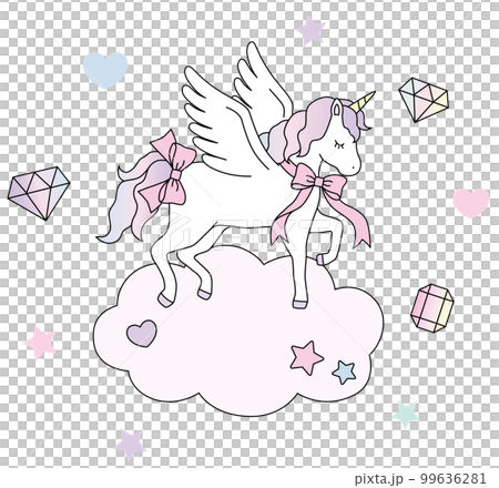 一隻可愛的獨角獸,帶著絲帶和寶石 Yumekawa 插圖素材 一隻可愛的獨角獸,帶著絲帶和寶石 Yumekawa 插圖素材 99636281