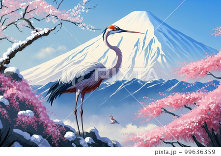 富士山と桜の中を飛ぶ鶴のイラスト素材 [99636359] - PIXTA
