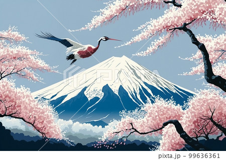 富士山と桜の中を飛ぶ鶴のイラスト素材 [99636361] - PIXTA