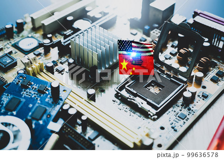 Chip shortage and US-China trade conflict. Global chip shortage crisis and China-United States trade war concept. China flag and US flag on computer on chip elctronic circuit board. Computer hardware. Chip shortage and US-China trade conflict. Global chip shortage crisis and China-United States trade war concept. China flag and US flag on computer on chip elctronic circuit board. Computer hardware. 99636578