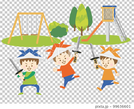 紙で作った兜をかぶり、公園でおもちゃの刀を持って、ごっこ遊びをする男の子達のセット 99636601