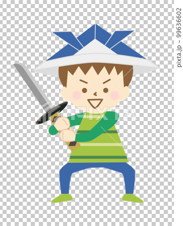 A boy wearing a paper helmet and pretending to play with a sword ③ 99636602