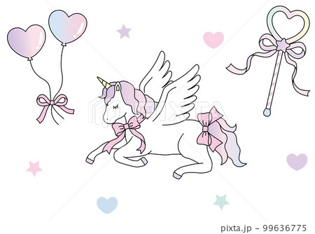 リボンをつけたかわいいユニコーンとハートバルーン　魔法のステッキ　ゆめかわ　イラスト素材 99636775