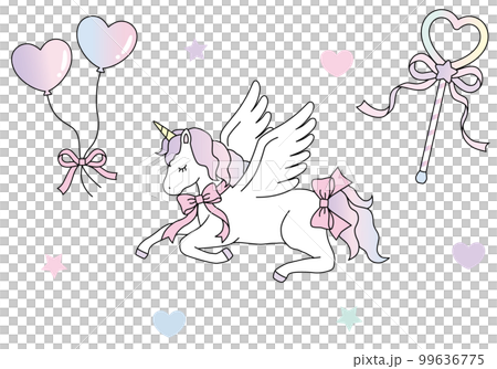 リボンをつけたかわいいユニコーンとハートバルーン　魔法のステッキ　ゆめかわ　イラスト素材 99636775