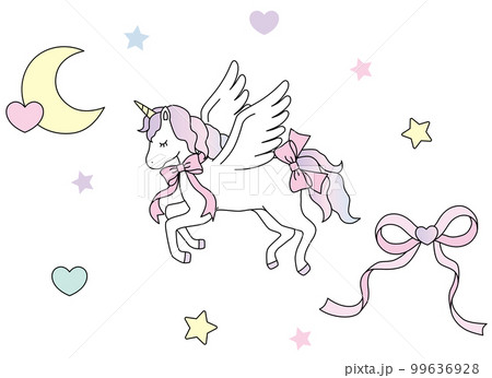 リボンをつけたかわいいユニコーンと月とハートリボン ゆめかわ イラスト素材 リボンをつけたかわいいユニコーンと月とハートリボン ゆめかわ イラスト素材 99636928
