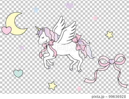 リボンをつけたかわいいユニコーンと月とハートリボン ゆめかわ イラスト素材 リボンをつけたかわいいユニコーンと月とハートリボン ゆめかわ イラスト素材 99636928