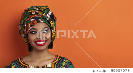 Authentic african woman looking at copy space, closeup, banner 99637078