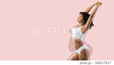 Serious millennial slim black female in white lingerie enjoys weight loss result with fat abstract body around 99637937