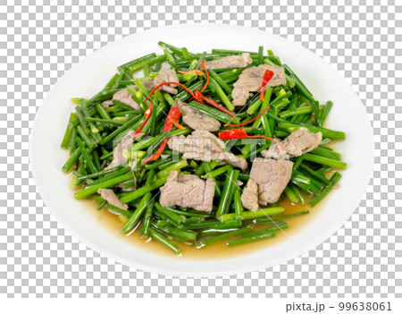 stir-fried pork and garlic chive isolated stir-fried pork and garlic chive isolated 99638061