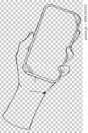 一隻手拿著智能手機簡單的線條畫插圖 99638503