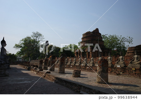 タイ、アユタヤのワット・ヤイチャイモンコン内のずらりと並んだ仏像 99638944