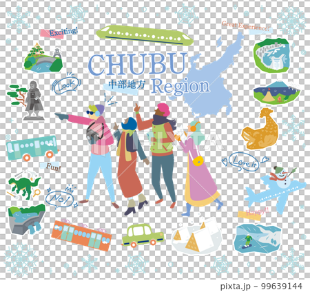 日本の中部地方の冬の名物観光を楽しむ観光客、アイコンのセット（フラット） 99639144