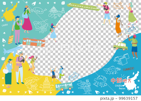 Tourists enjoying summer specialties sightseeing in the Chubu region of Japan, set of icons (flat) 99639157