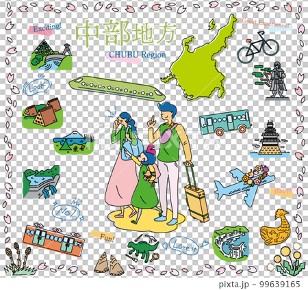 在日本中部地區享受春天特別觀光的一家三口，一組圖標（線描） 99639165