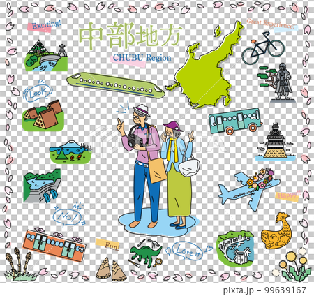 A senior couple enjoying spring special sightseeing in the Chubu region of Japan, a set of icons (line drawing) 99639167