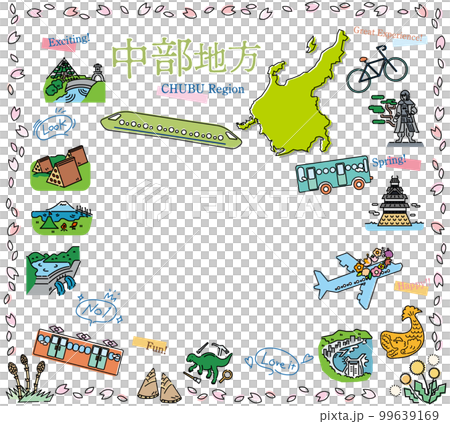 A set of icons of spring specialties sightseeing in the Chubu region of Japan (line drawing) 99639169