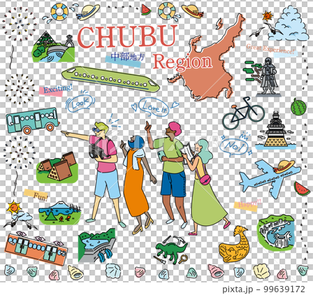 遊客在日本中部地區享受夏季特色觀光，一組圖標（畫線） 99639172