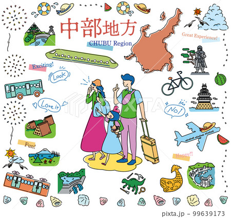 日本の中部地方の夏の名物観光を楽しむ三人家族、アイコンのセット（線画） 99639173